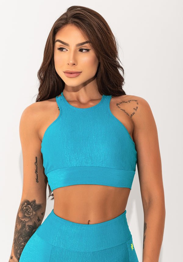 Top Fitness Feminino Azul Texturizado Com Alças Cruzadas Elegance Dlk