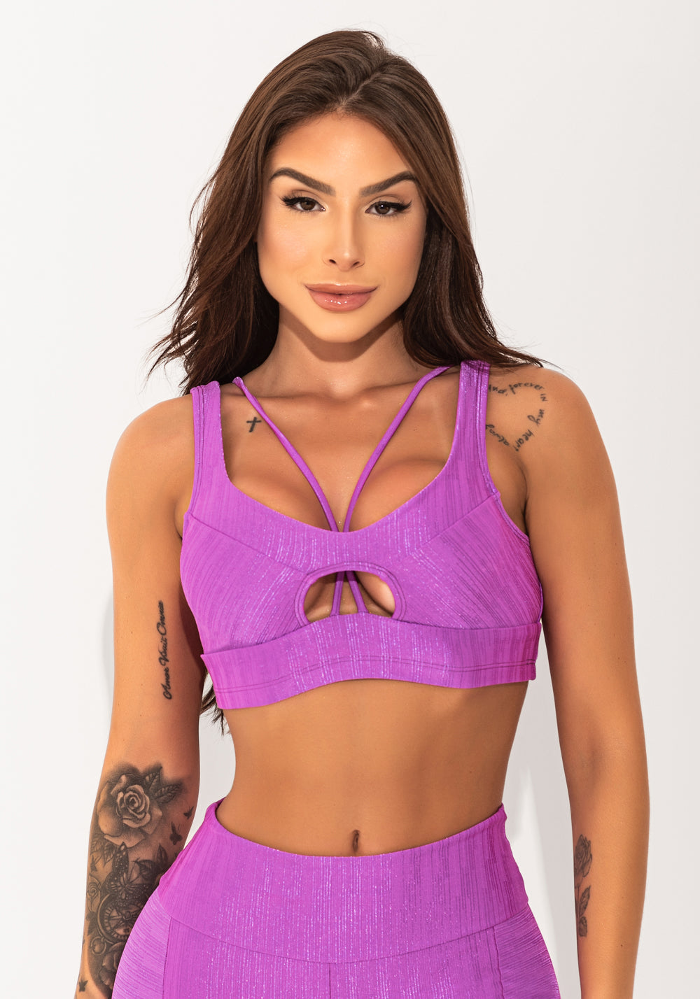 Top Fitness Feminino Lilás Texturizado Cut-out Com Recortes Elegance Dlk