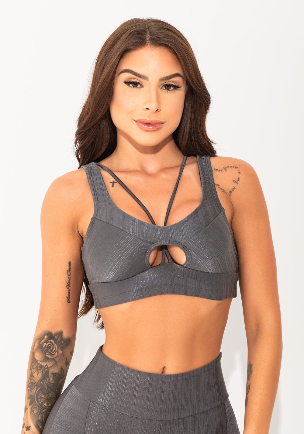 Top Fitness Feminino Chumbo Texturizado Cut-out Elegance Dlk