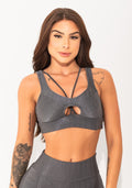 Top Fitness Feminino Chumbo Texturizado Cut-out Elegance Dlk