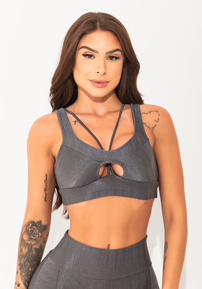 Top Fitness Feminino Chumbo Texturizado Cut-out Elegance Dlk