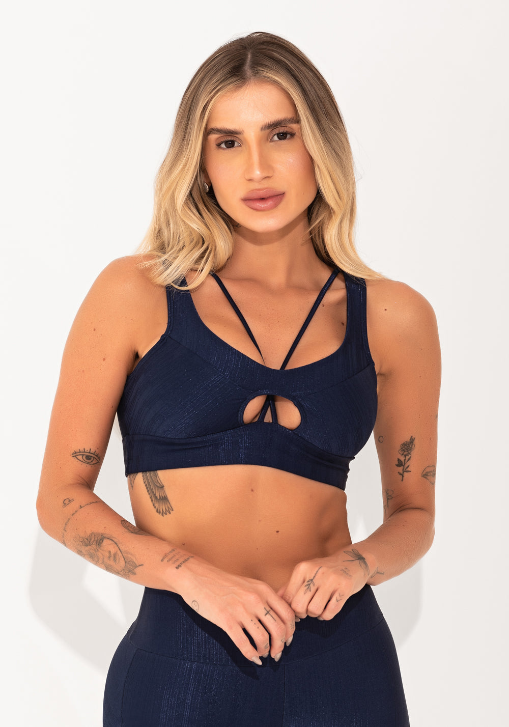 Top Fitness Feminino Marinho Texturizado Cut-out Com Recortes Elegance Dlk