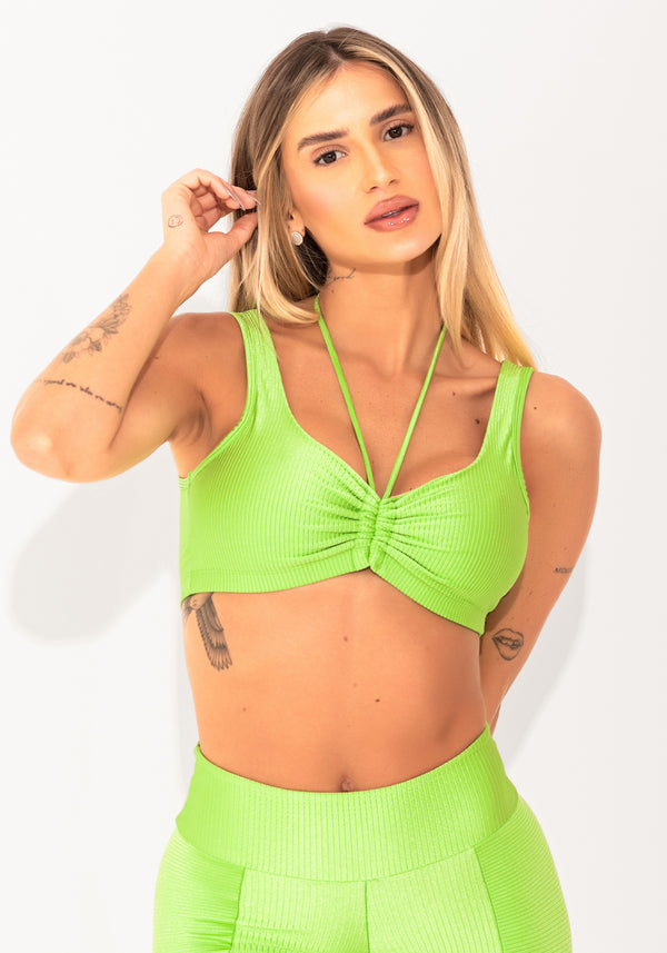 Top Fitness Feminino Verde Canelado Com Amarração Elegance Dlk
