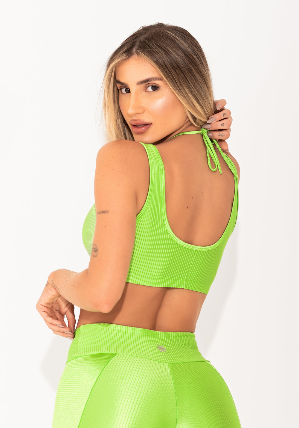 Top Fitness Feminino Verde Canelado Com Amarração Elegance Dlk