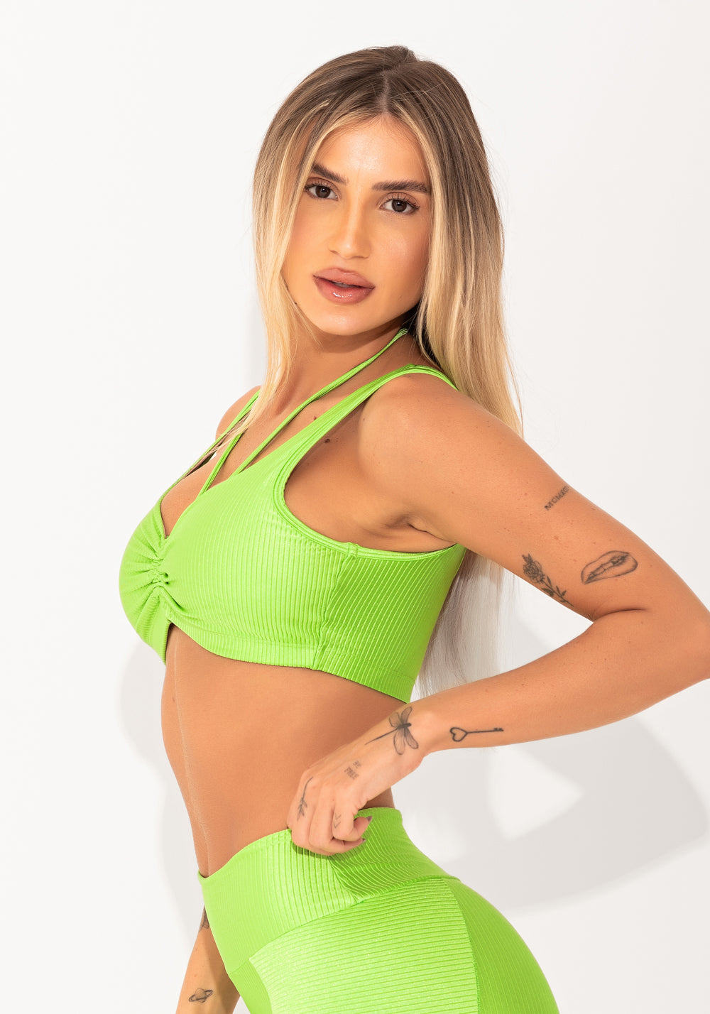 Top Fitness Feminino Verde Canelado Com Amarração Elegance Dlk