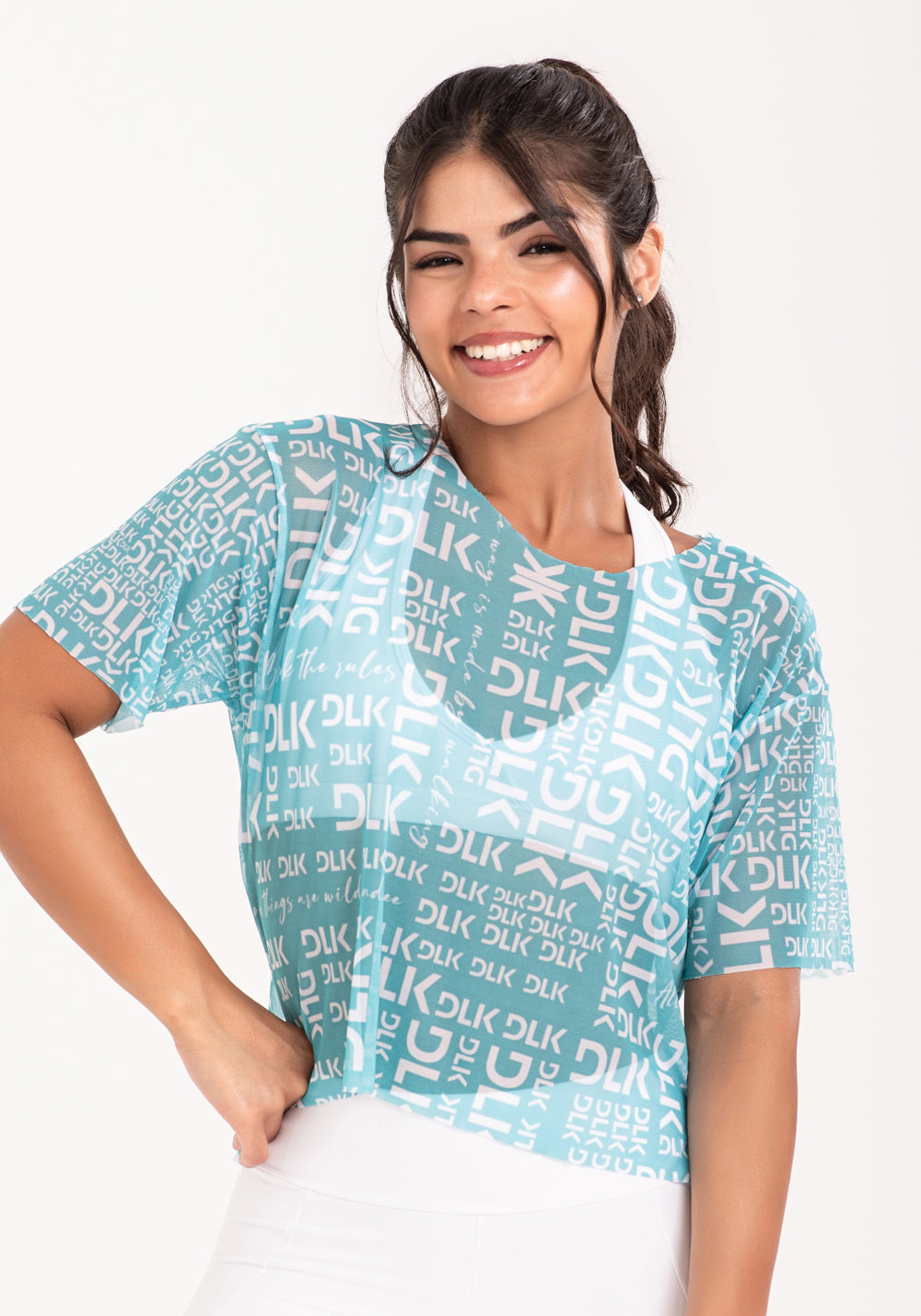 Blusa De Tule Feminina Estampada Frases Turquesa E Branco Printed Dlk