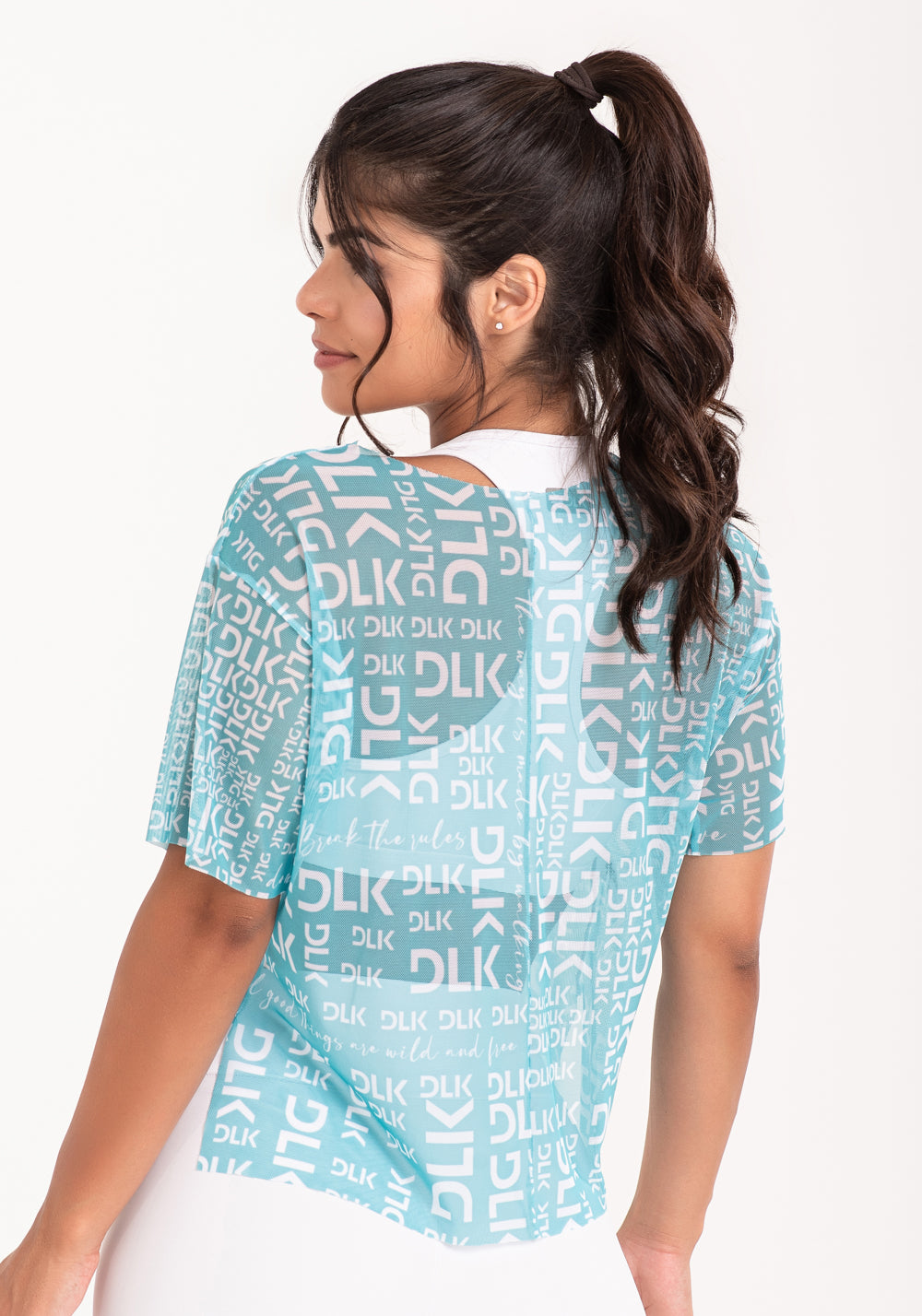 Blusa De Tule Feminina Estampada Frases Turquesa E Branco Printed Dlk