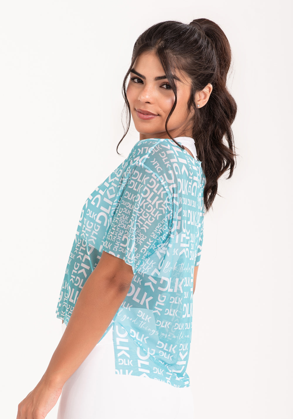 Blusa De Tule Feminina Estampada Frases Turquesa E Branco Printed Dlk