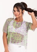 Blusa De Tule Feminina Estampada Frases Verde E Roxo Printed Dlk