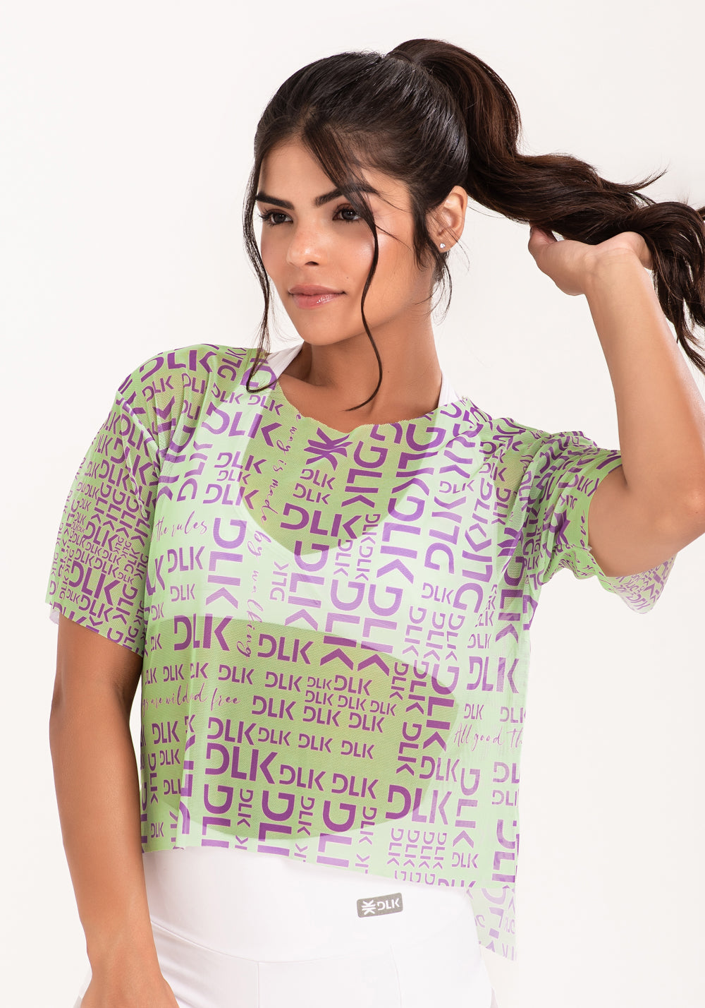 Blusa De Tule Feminina Estampada Frases Verde E Roxo Printed Dlk