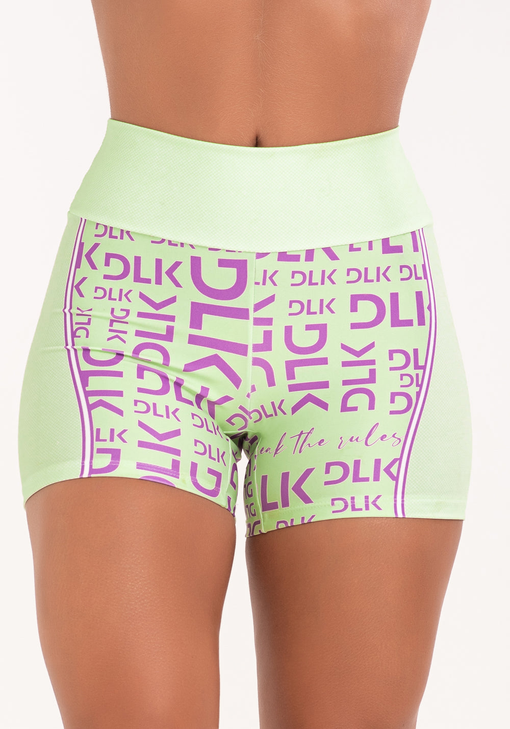Short Fitness Feminino Estampado Frases Curves Lima E Roxo Printed Dlk