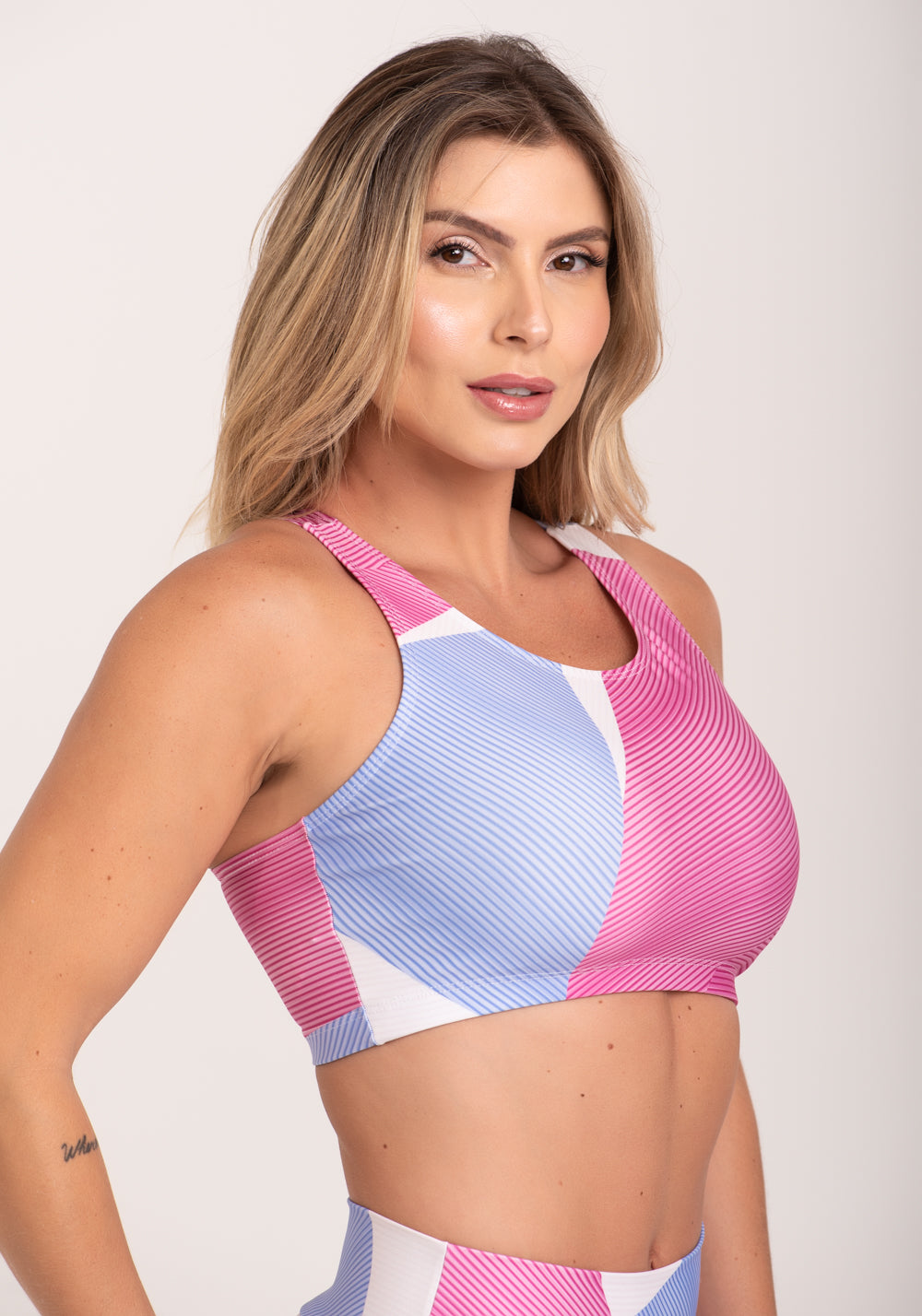 Top Fitness Feminino Nadador Estampado Strip Rosa Printed Dlk