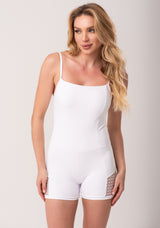 Macacão Curto Fitness Feminino Branco Com Recortes Em Tela New Age Dlk