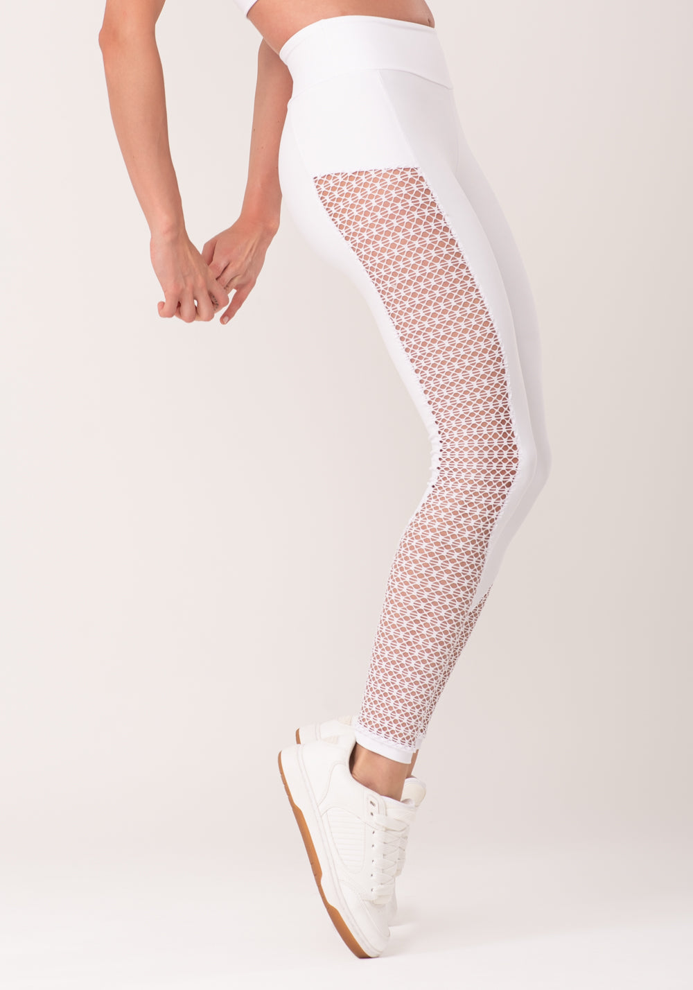 Legging Fitness Feminina Branco Com Recortes Lateral Em Tela New Age Dlk