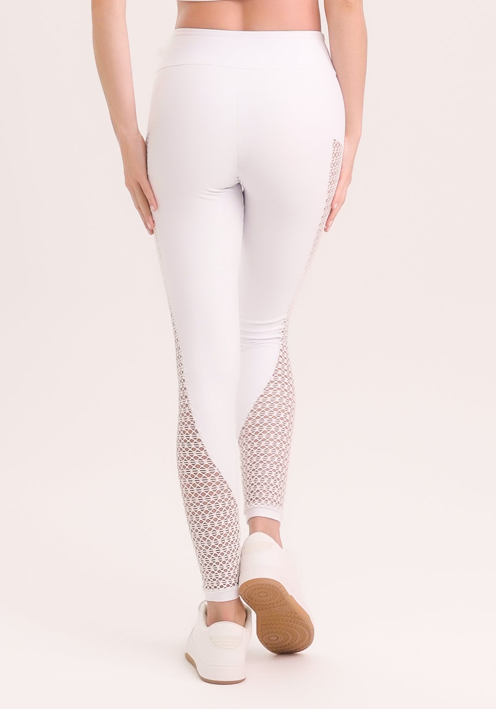 Legging Fitness Feminina Branco Com Recortes Lateral Em Tela New Age Dlk