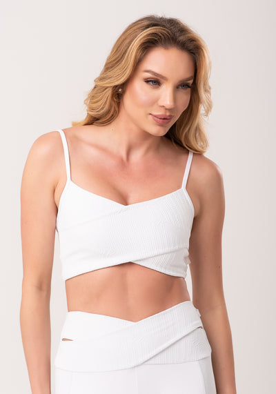 Top Fitness Feminino Branco Texturizado Transpassado New Age Dlk