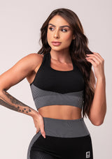 Top Fitness Feminino Preto Texturizado Com Bojo E Alças Cruzadas Seamless Dlk