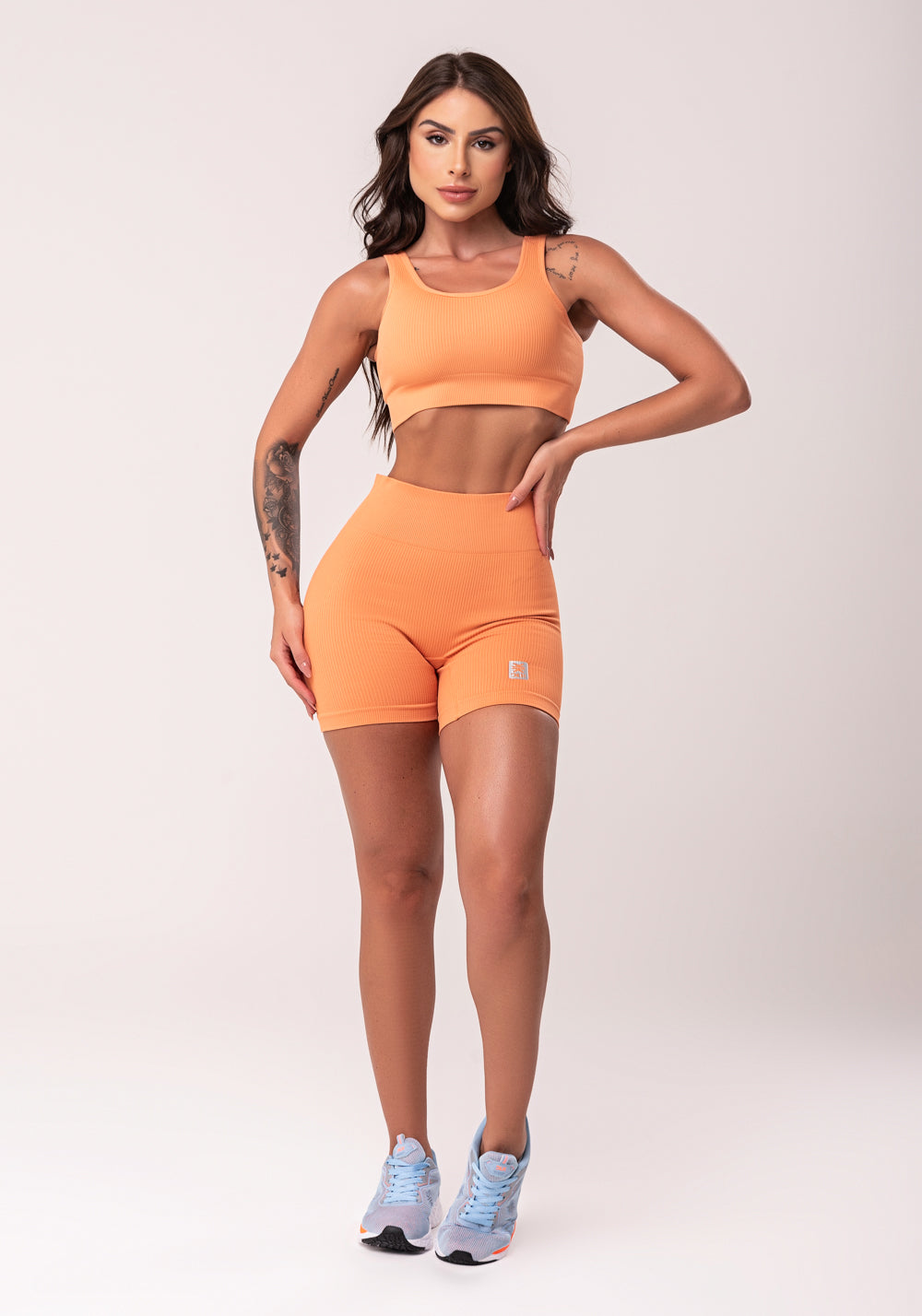 Bermuda Fitness Feminina Laranja Com Cós Alto Texturizada Seamless Dlk