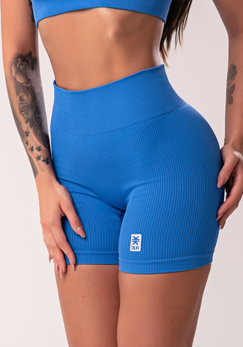 Bermuda Fitness Feminina Azul Com Cós Alto Texturizada Seamless Dlk