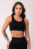 Top Fitness Feminino Preto Texturizado Com Bojo Seamless Dlk