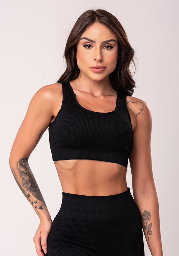 Top Fitness Feminino Preto Texturizado Com Bojo Seamless Dlk
