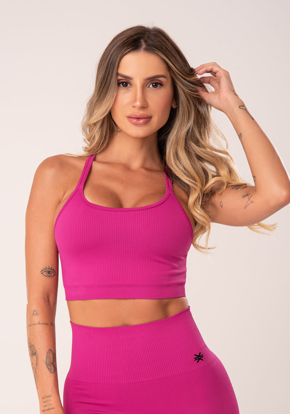Top Fitness Feminino Fúcsia Canelado Com Alças Duplas Seamless Dlk