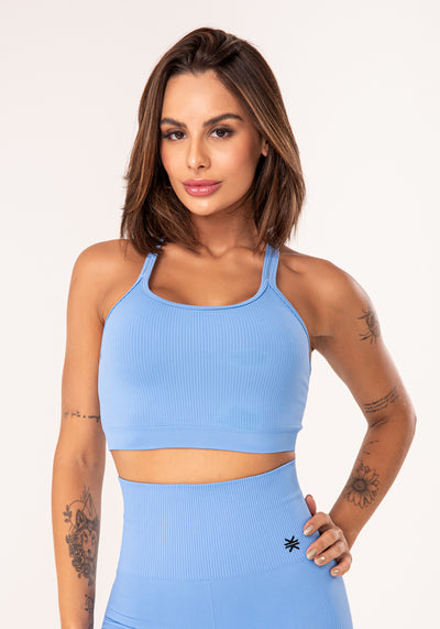 Top Fitness Feminino Azul Claro Canelado Com Alças Duplas Seamless Dlk