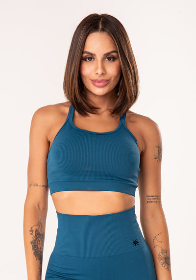 Top Fitness Feminino Azul Petróleo Canelado Com Alças Duplas Seamless Dlk