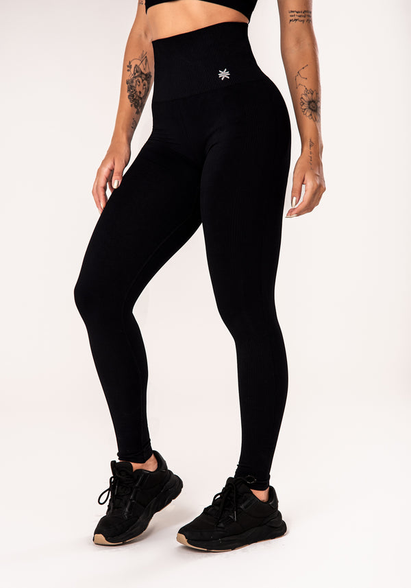 Legging Fitness Feminina Preto Com Recorte Canelado Seamless Dlk