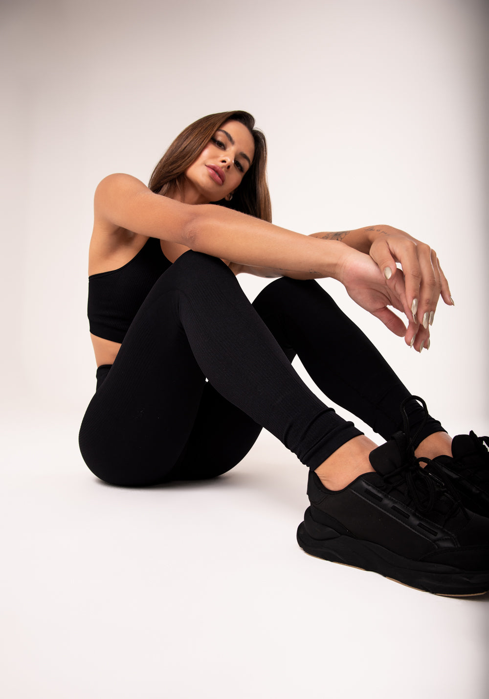 Legging Fitness Feminina Preto Com Recorte Canelado Seamless Dlk