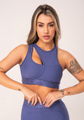 Top Fitness Feminino Azul Assimétrico Com Elástico Flow Dlk