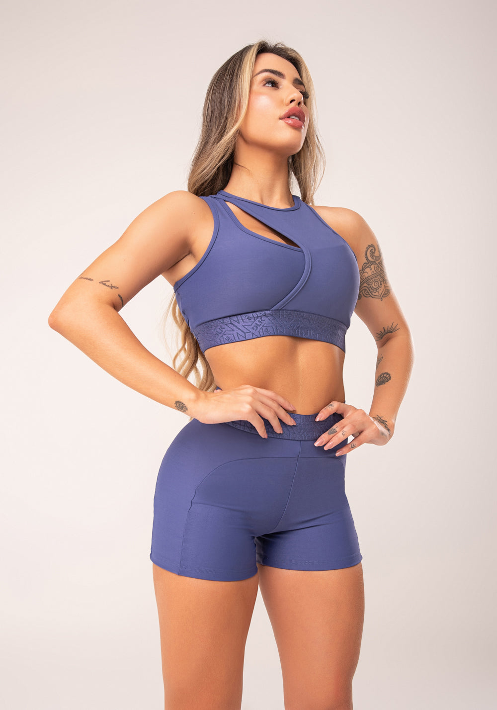 Top Fitness Feminino Azul Assimétrico Com Elástico Flow Dlk
