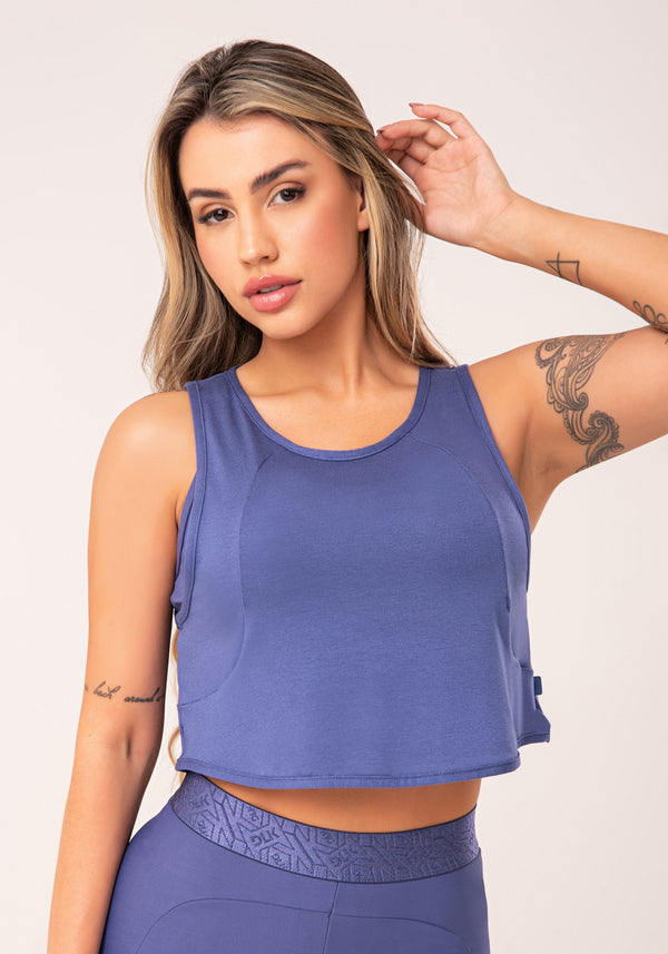 Cropped Feminino Azul Com Recortes Flow Dlk