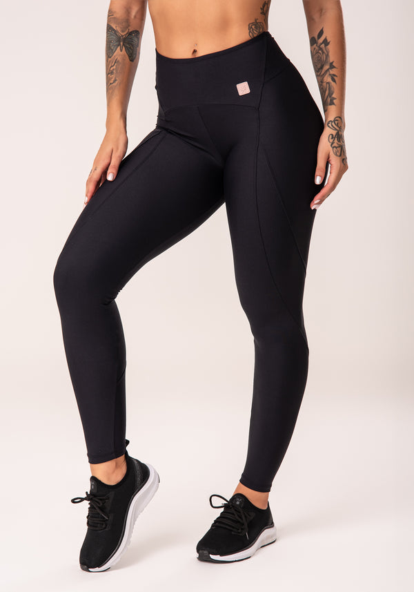Legging Fitness Feminina Preto Com Recortes E Pesponto Flow Dlk