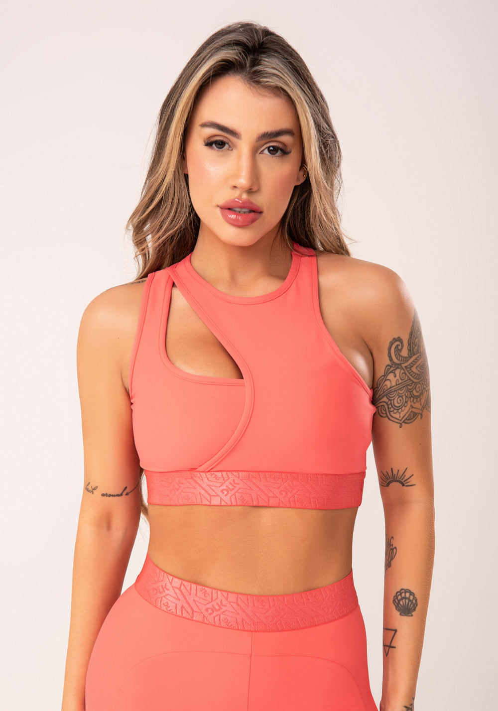Top Fitness Feminino Coral Assimétrico Com Elástico Flow Dlk