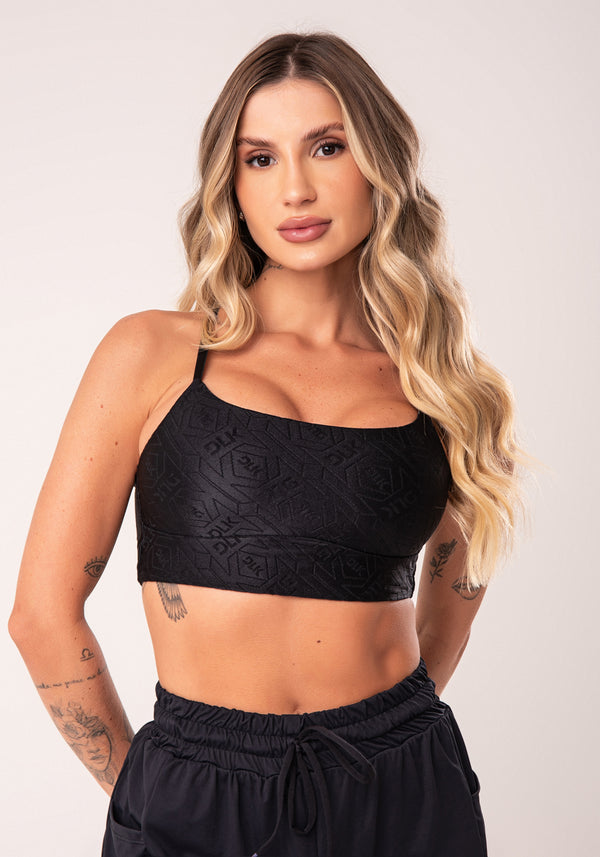 Top Fitness Feminino Preto Logomania Com Alças Cruzadas Flow Dlk