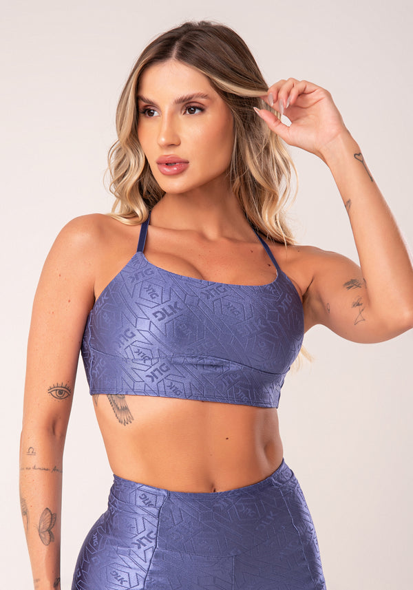Top Fitness Feminino Azul Logomania Com Alças Cruzadas Flow Dlk