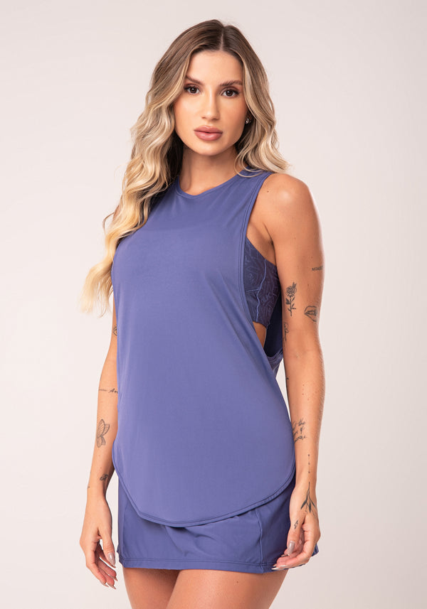 Camiseta Fitness Feminina Azul Maxi Cava Alongada Flow Dlk