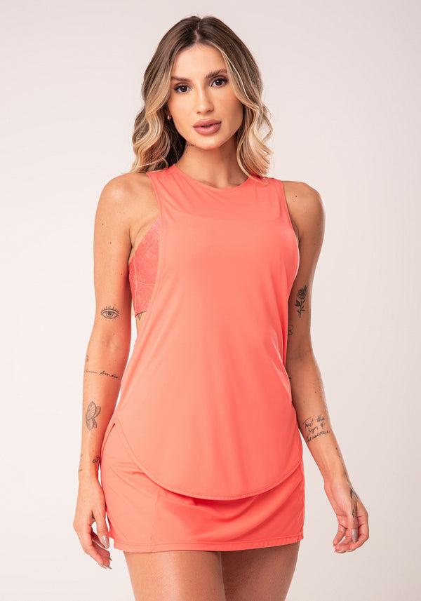 Camiseta Fitness Feminina Coral Maxi Cava Alongada Flow Dlk