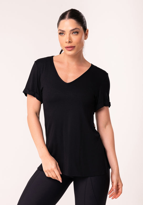 Blusa Fitness Feminina Preto Decote V Flow Dlk