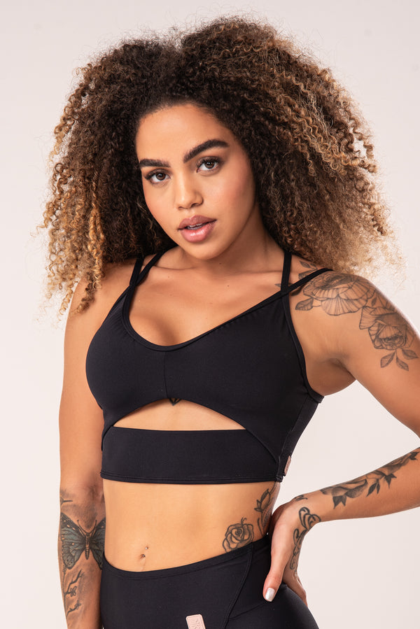 Top Fitness Feminino Preto Cut-out Com Decote Franzido Flow Dlk