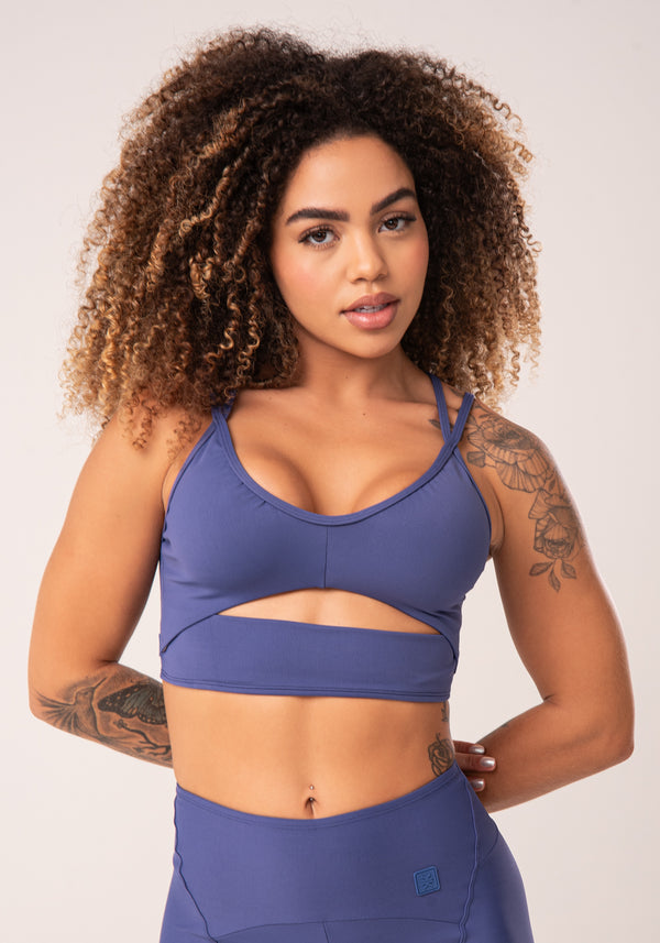 Top Fitness Feminino Azul Cut-out Com Decote Franzido Flow Dlk
