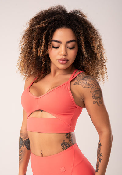 Top Fitness Feminino Coral Cut-out com Decote Franzido Flow Dlk