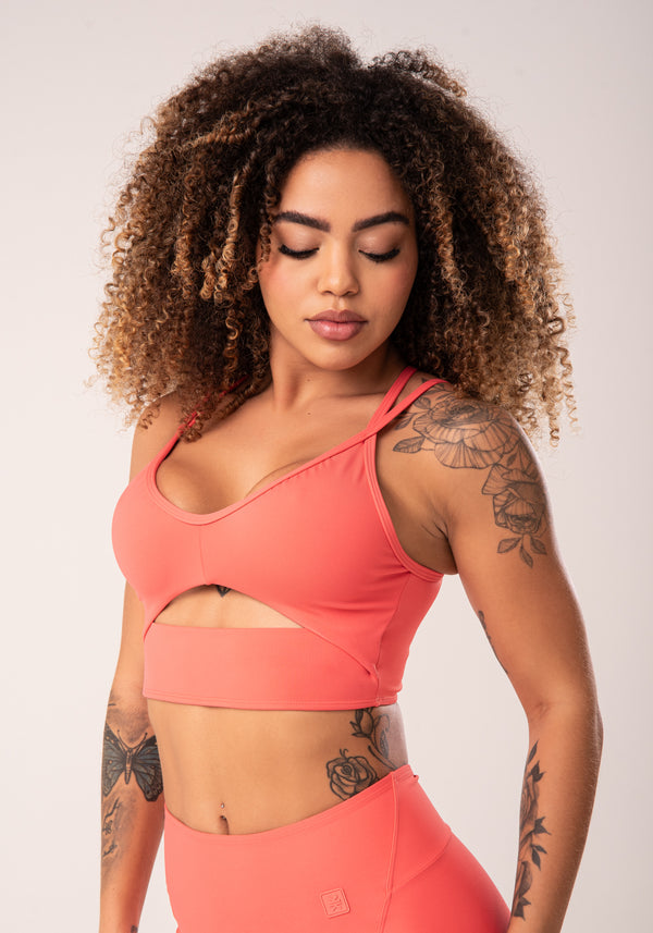 Top Fitness Feminino Coral Cut-out com Decote Franzido Flow Dlk
