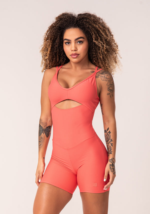 Macaquinho Fitness Feminino Coral Cut-out Com Decote Franzido Flow Dlk