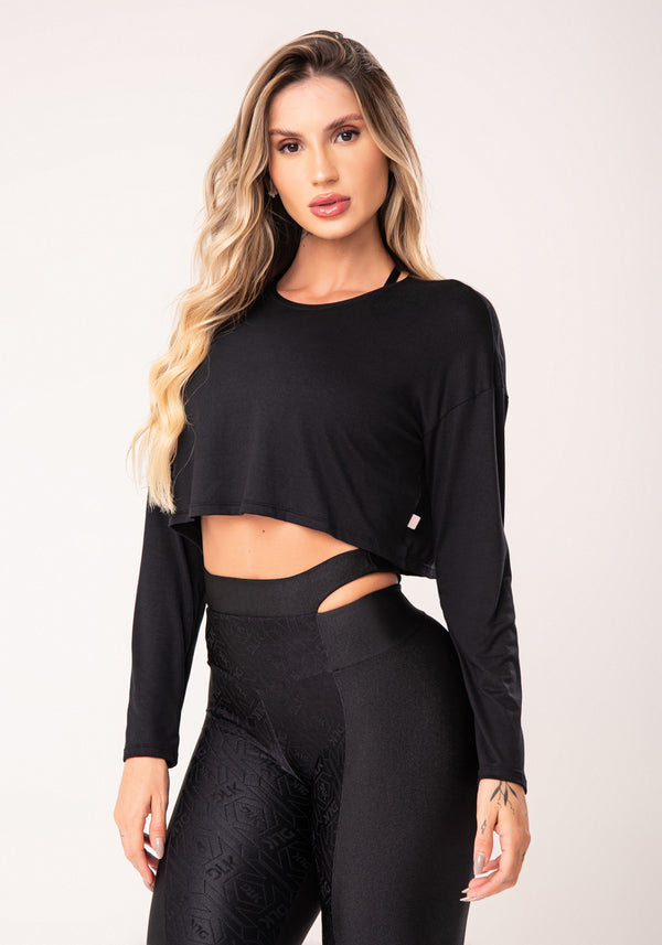 Cropped Preto Manga Longa Flow Dlk