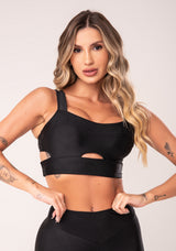 Top Fitness Feminino Preto com Bojo Cut-out e Alças Largas Flow Dlk