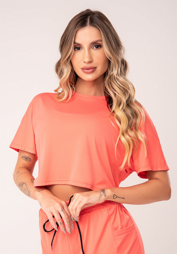 Cropped Feminino Coral Com Fenda Nas Costas Flow Dlk