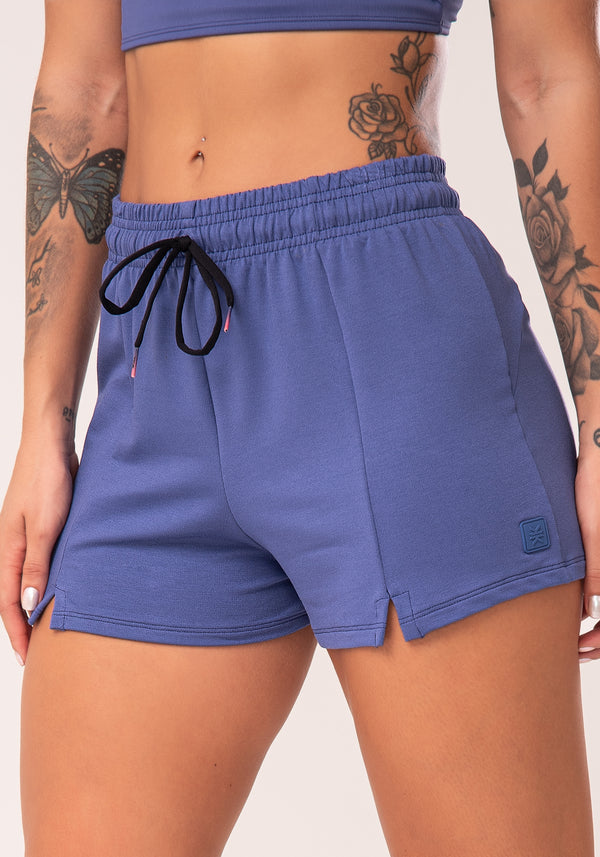Short Feminino Azul Moletinho Com Fenda Flow Dlk