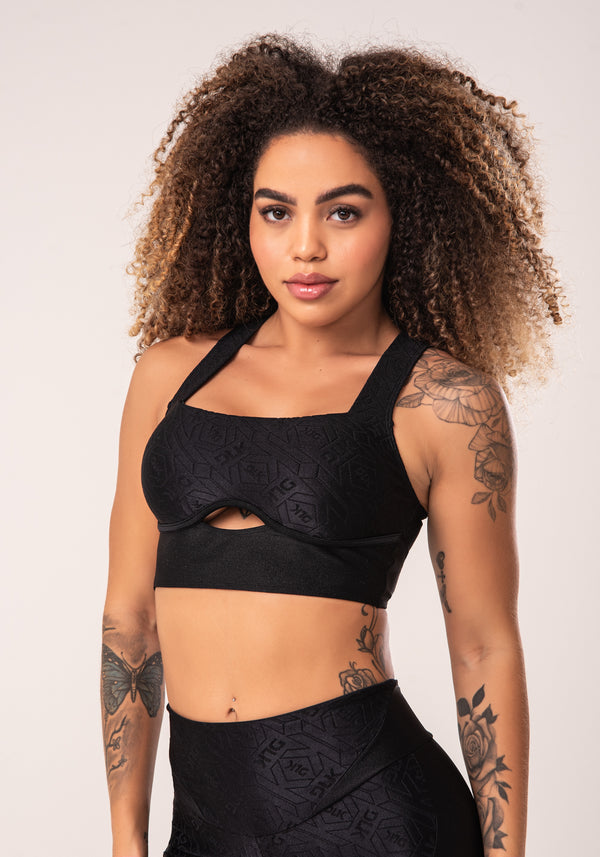 Top Fitness Feminino Preto Logomania Costas Cruzadas Flow Dlk